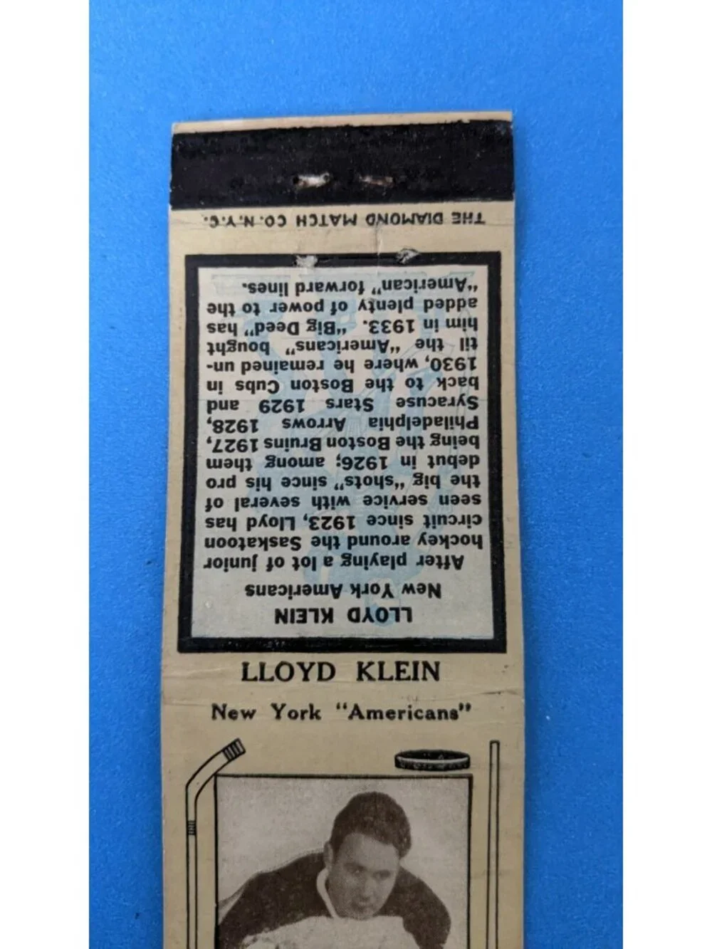 1930s Diamond Match hockey player matchbook Lloyd Klein New York Americans Card